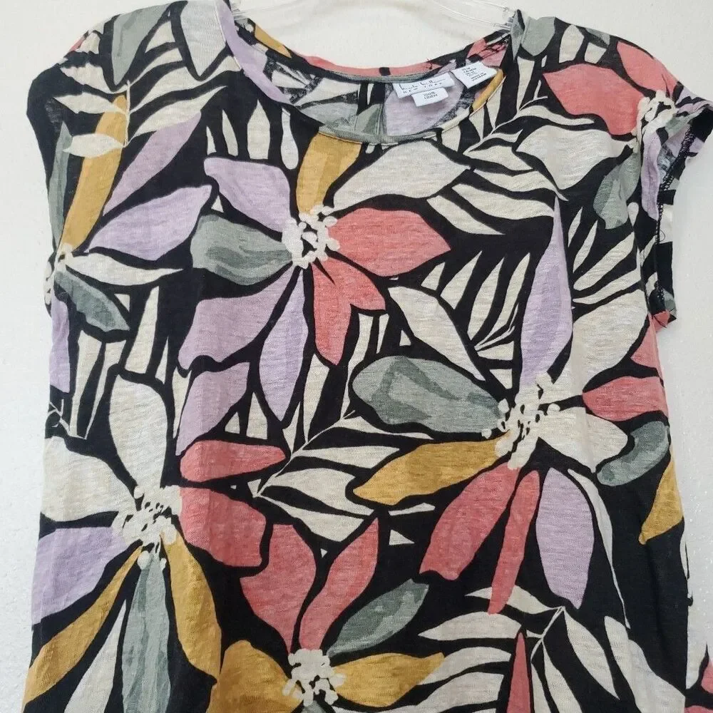 Nicole Miller Women’s Multicolor Floral Round Neck Short Sleeve Linen Blouse M - Picture 7 of 16